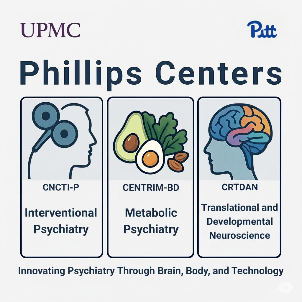 logo for Phillips Centers, The image is divided into three vertical sections, each representing a distinct research center.  Left section: Features a stylized human profile with circular elements near the ear, labeled "CNCTI-P" and titled "Interventional Psychiatry." Middle section: Displays illustrations of avocados and leafy greens, labeled "CENTRIM-BD" and titled "Metabolic Psychiatry." Right section: Shows a human profile with the brain highlighted in different colors
